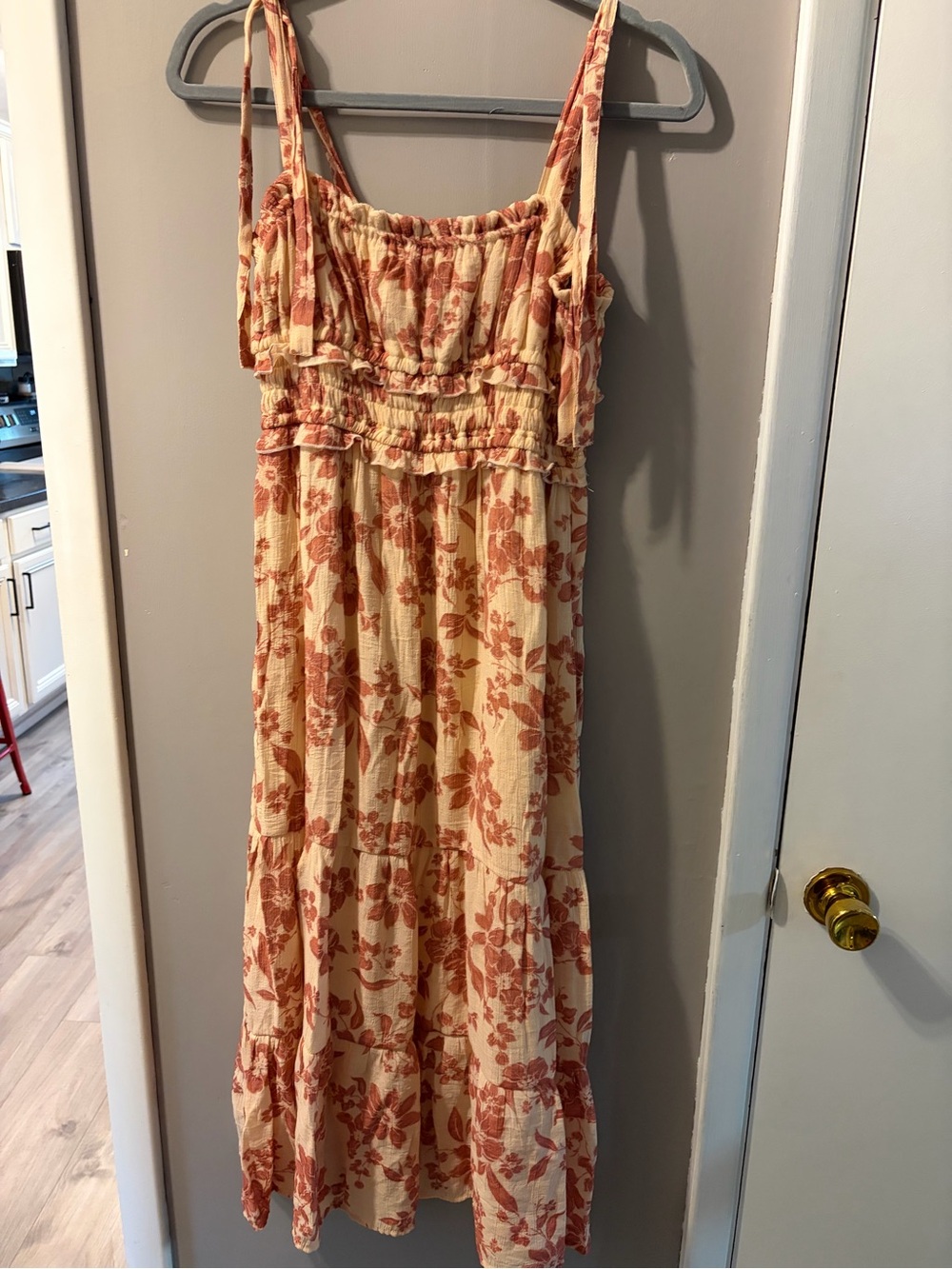 Floral Tie-Strap Maxi Dress in Cream and Rust
